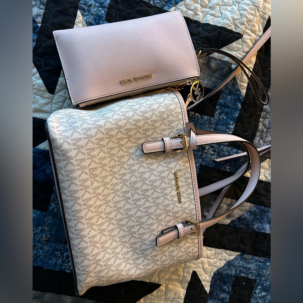Michael Kors pink and beige purse tote and matching pink wallet